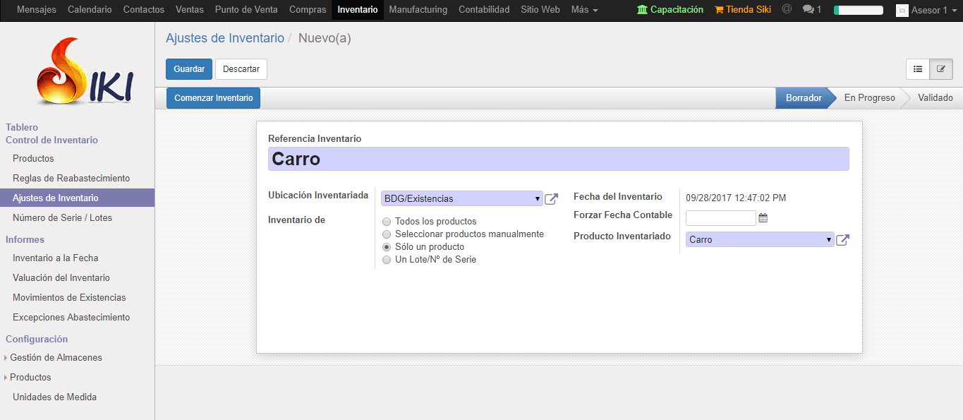 Registro control de almacén , valoración automática, sistema administrativo y contable erp